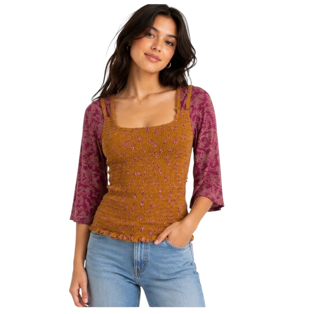 Free People Women's Cropped‎ Marigold Smocked Top Floral Medium Boho